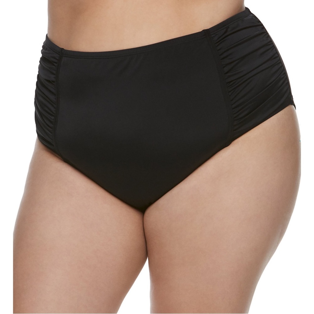 NWT EVRI Ruched-Sides Brief Swim Bottoms Midrise Black Plus Size 4X (28W - 30W)